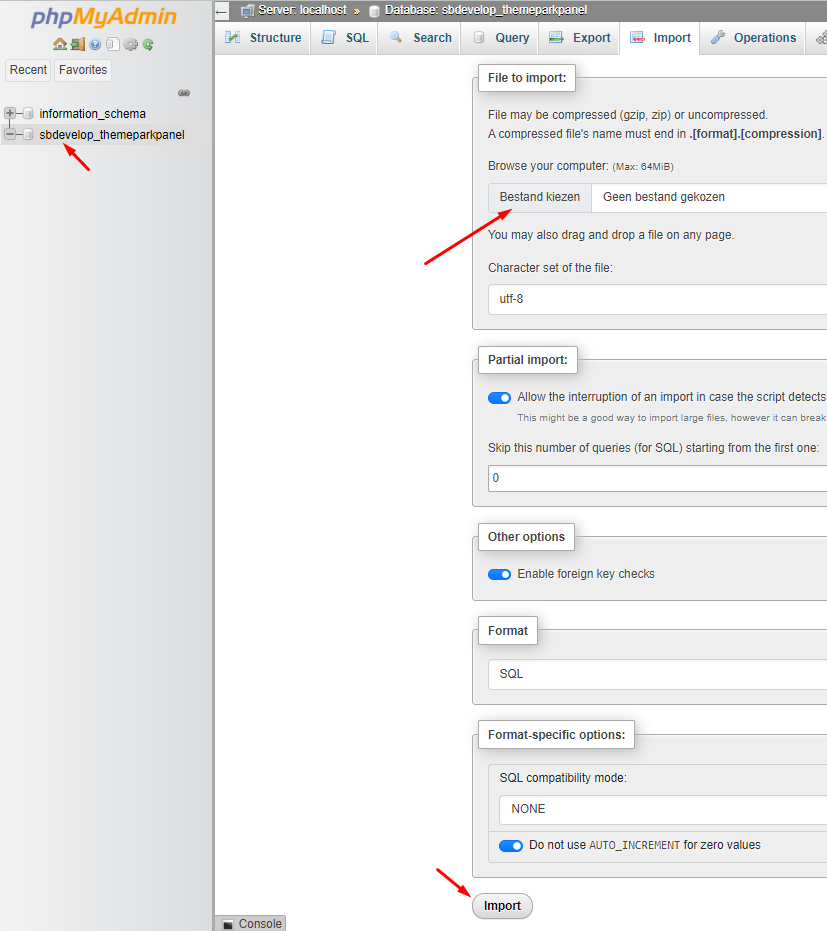 Uploading database on phpMyAdmin